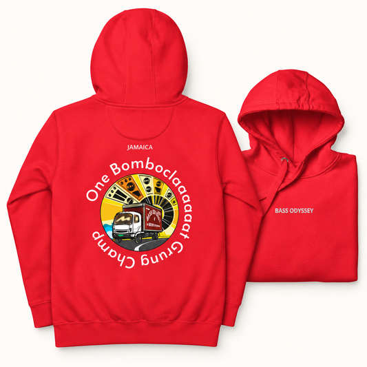 Red One Grung Champ hoodie: large back design alongside smaller embroidered front.